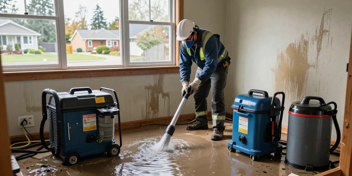 Water Damage Restoration West Vancouver - technician extracting water in flooded basement with professional equipment.