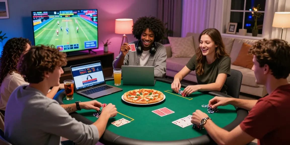 Engaging friends enjoy online gambling in Canada, showcasing poker and sports betting excitement together.