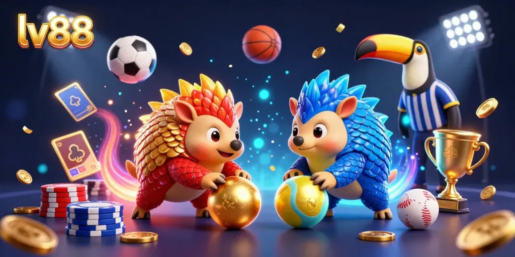 Experience thrilling gaming with lv88 featuring rival pangolins bowling through poker chips in a vibrant online casino.