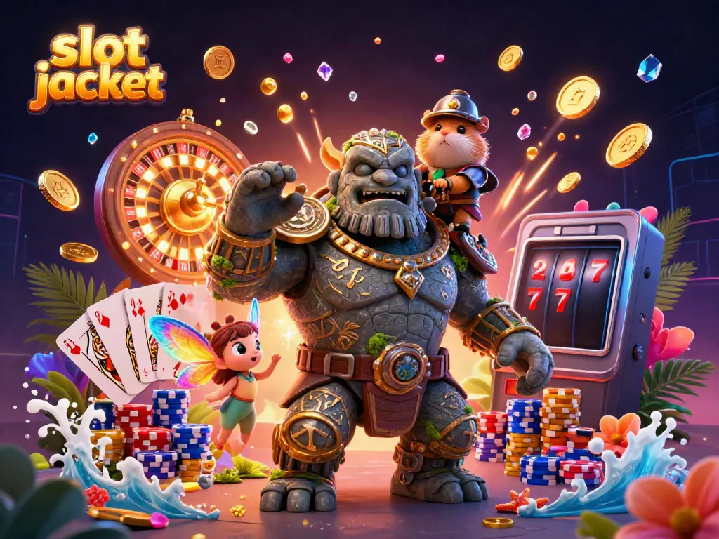 Engaging scene illustrating the excitement of slot jackpot gaming featuring a magical stone golem, a fairy friend, and a hamster knight.