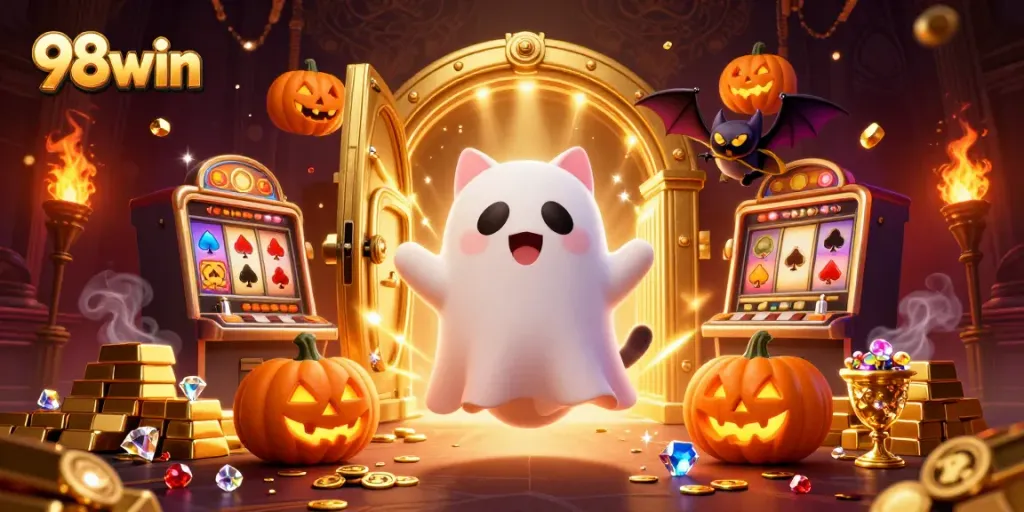 Experience 98win's thrilling casino adventures with a ghost cat and glowing treasures!