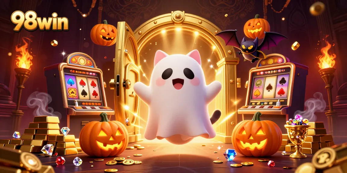 Experience 98win's thrilling casino adventures with a ghost cat and glowing treasures!
