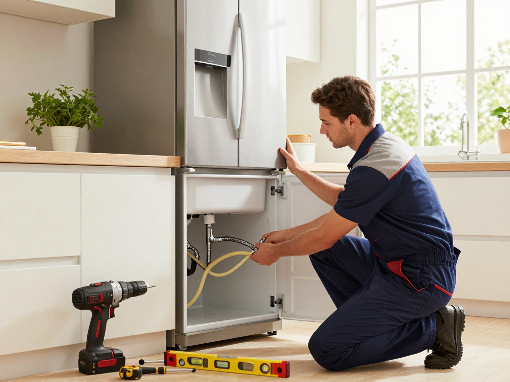 Skilled technician performing appliance installation in a bright modern kitchen
