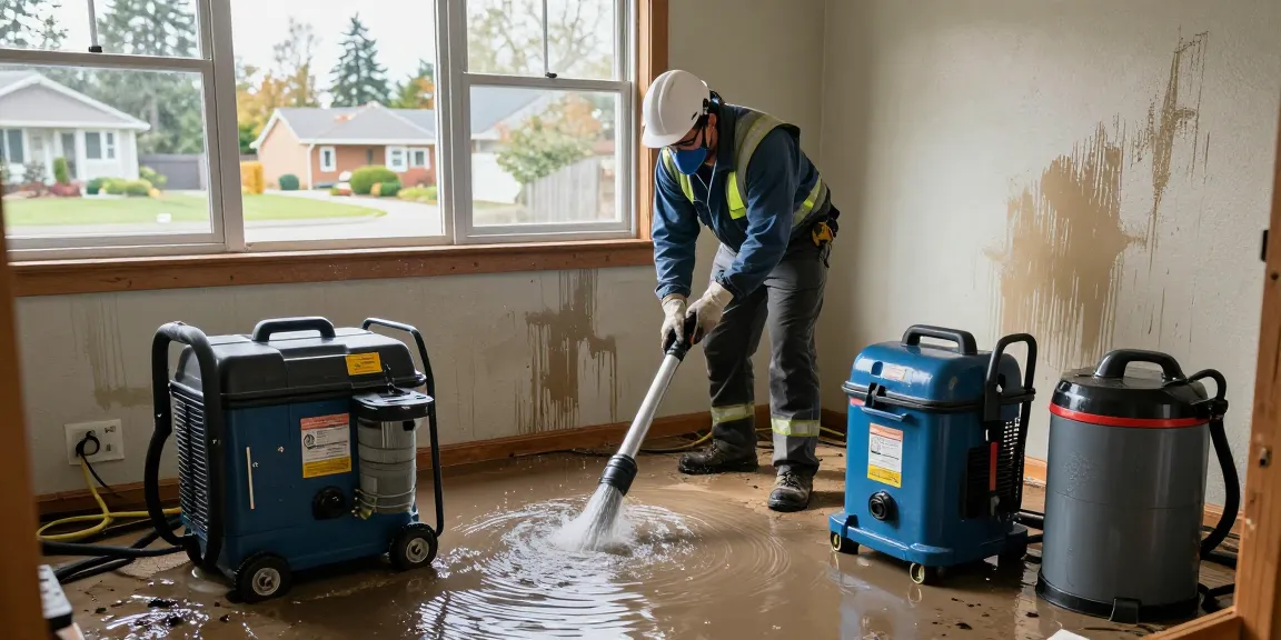Water Damage Restoration West Vancouver - technician extracting water in flooded basement with professional equipment.