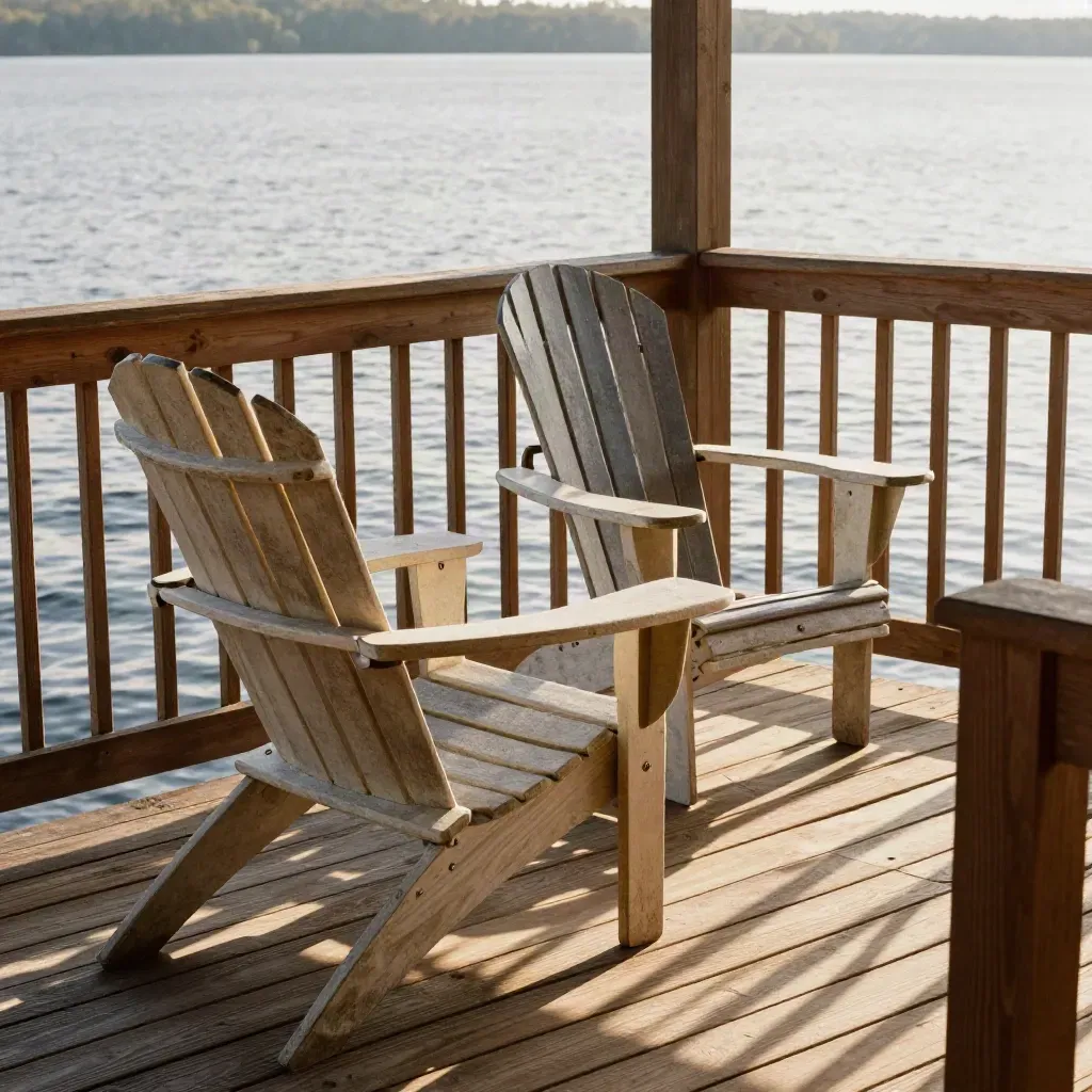 Cedar porch rail and teak deck boards with empty Adirondack chairs above shimmering lake water