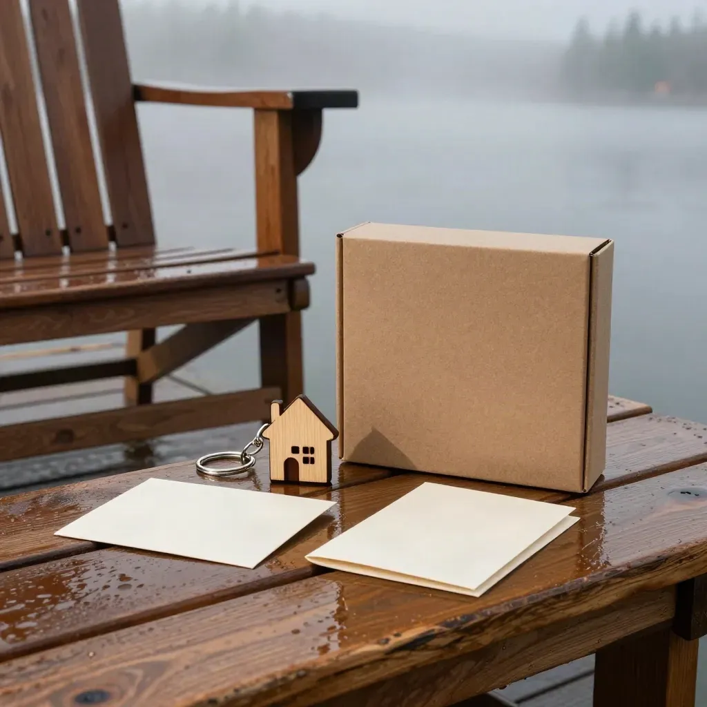 Cabin listing kit beside a wet dock chair and cedar bench in soft drizzle