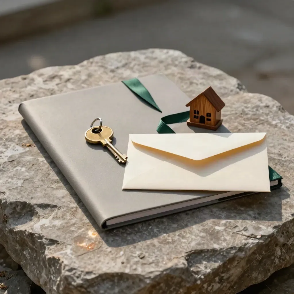Cabin listing launch kit with key, folder, cedar token, and sealed envelope on stone.