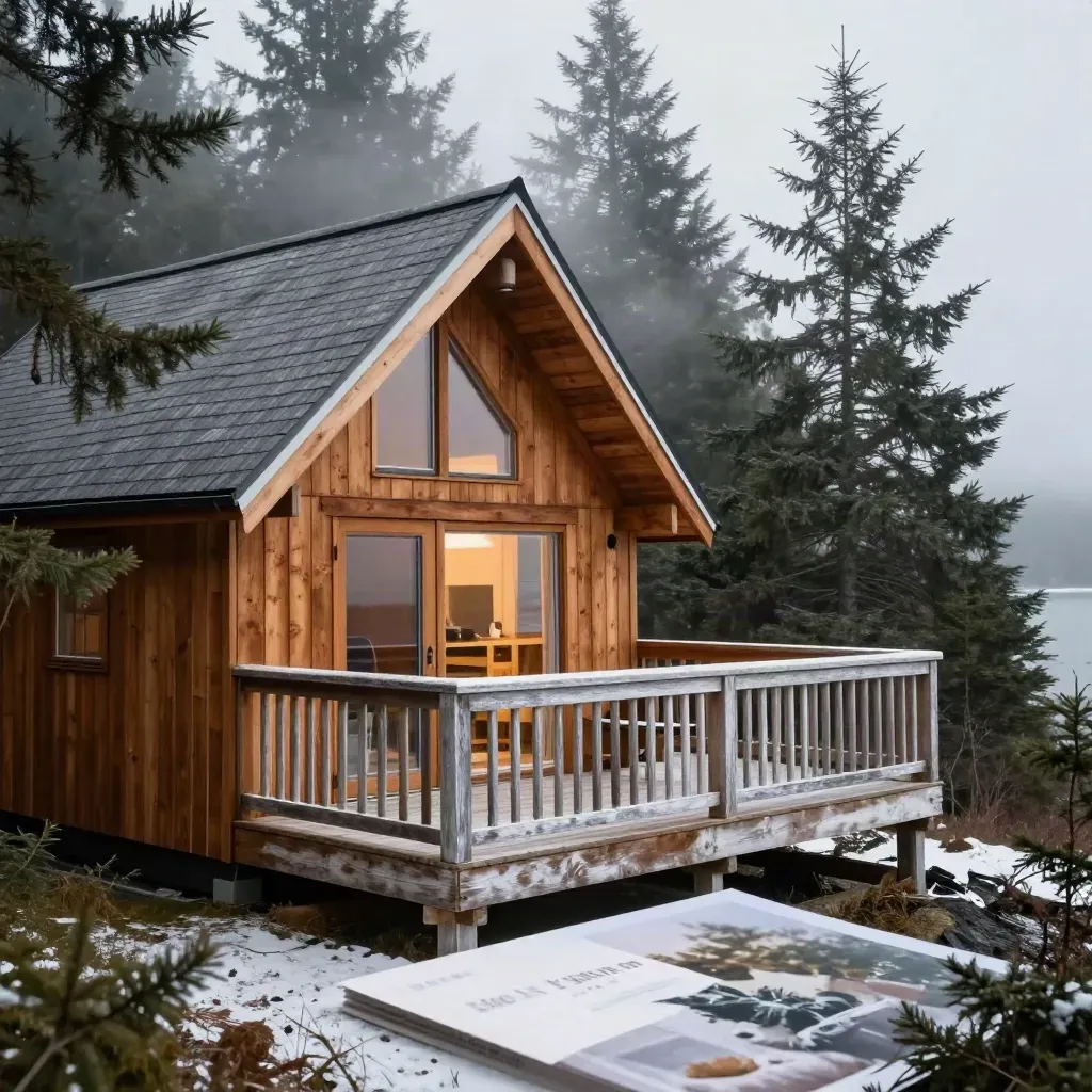 BC coast A-frame cabin above a cedar deck with mist, fir trees and salt-weathered rail