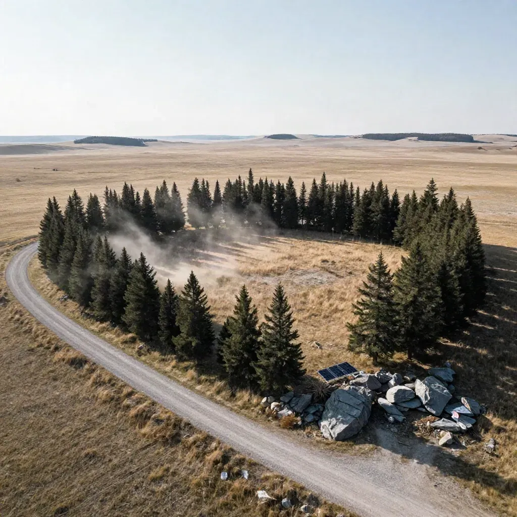 Elevated Alberta off-grid lot with solar-ready clearing, jack pines, gravel track and wind-rippled grass.