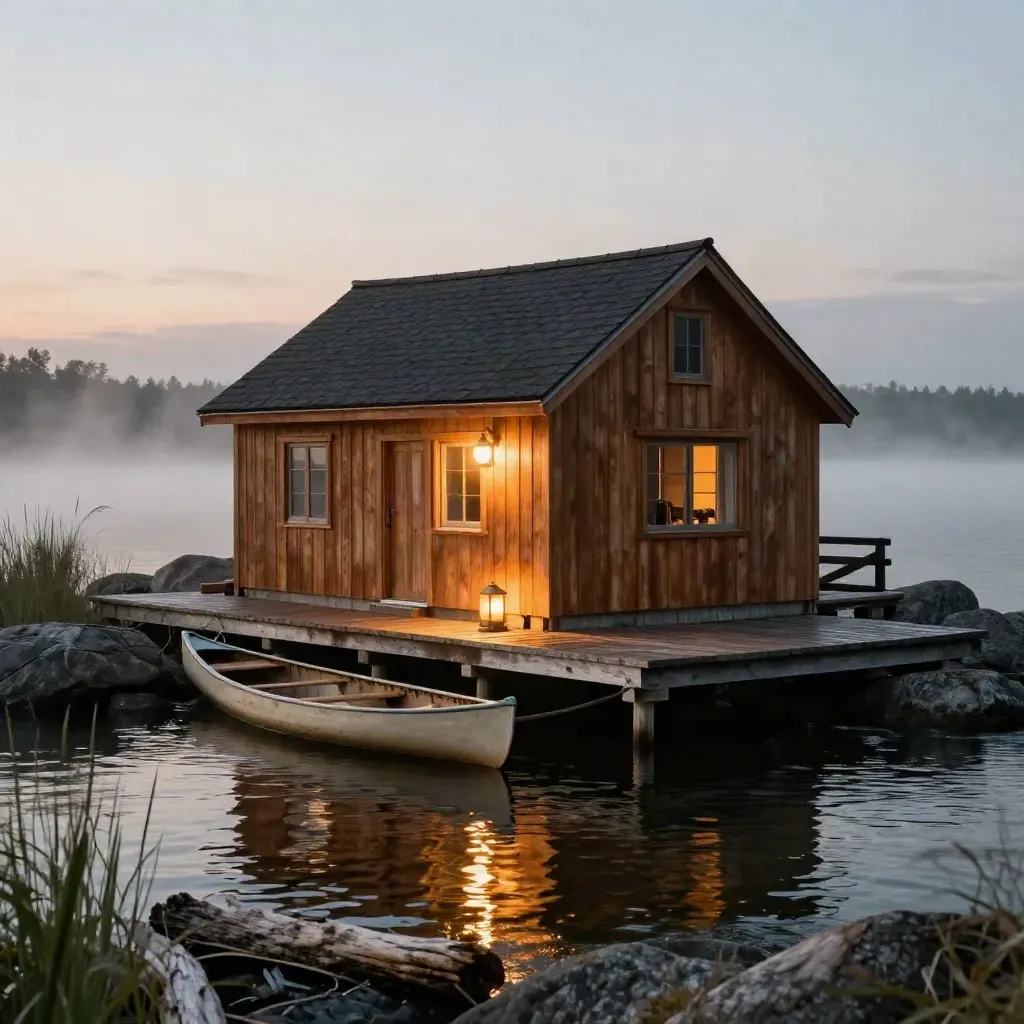 Waterfront cottage at dusk with glowing dock, canoe, lanterns, and still water