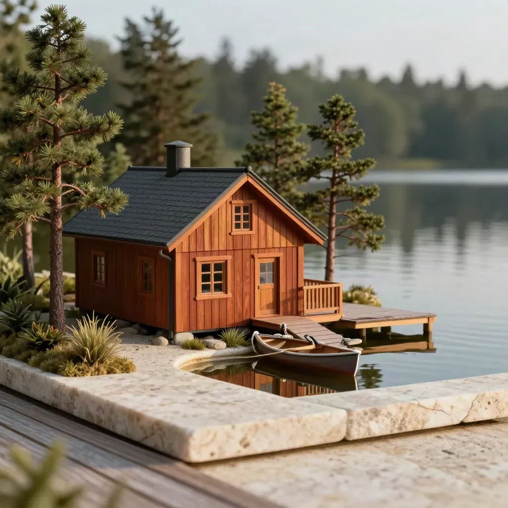 Red cedar lake cottage maquette with dock, pines and canoe on calm water.