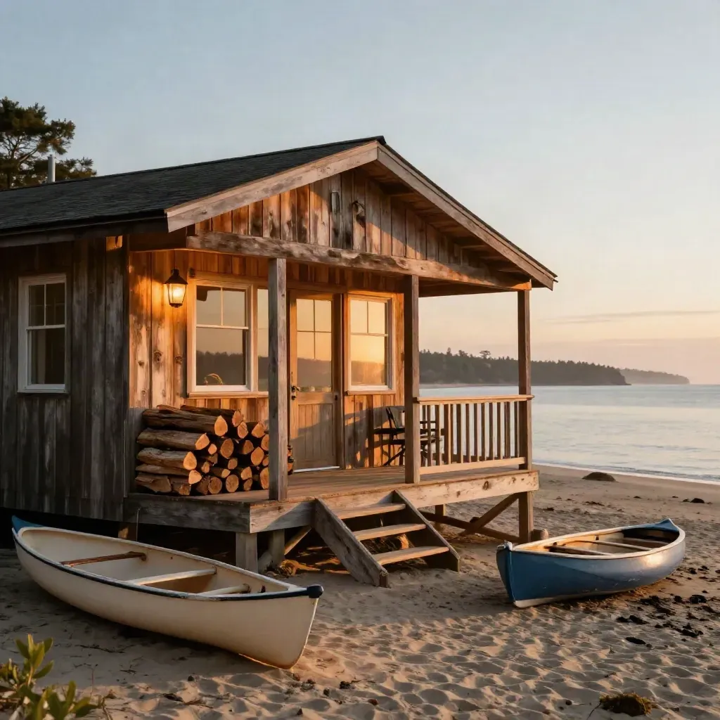 Lit cedar cabin by the shore with firewood, canoe, and glowing windows at sunset.