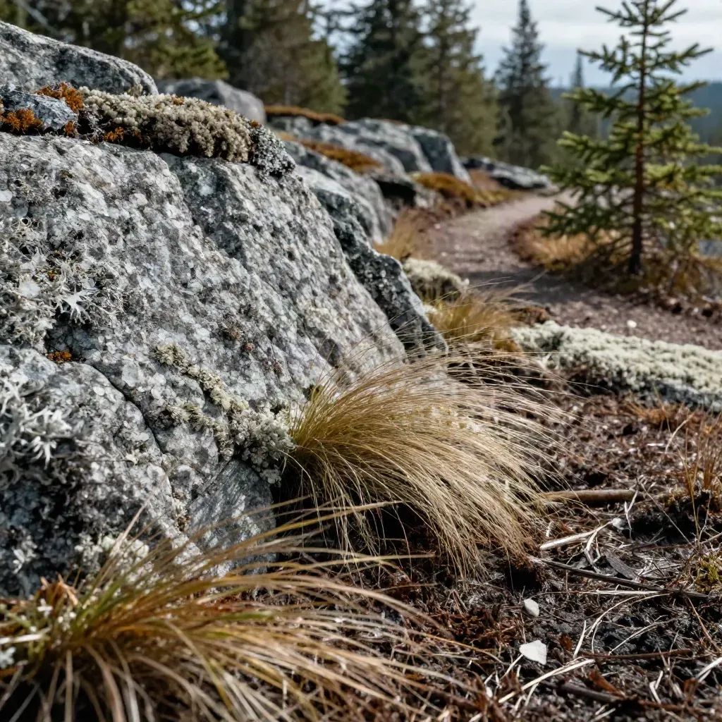 Macro of lichen granite, grass, saplings, and a dirt curve in a Northern Ontario clearing.