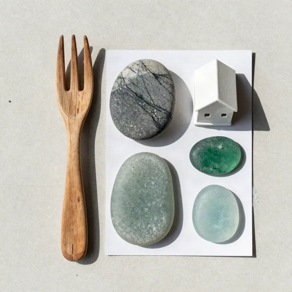 Overhead flatlay of driftwood, miniature cabin, tide stone and sea glass on pale concrete.