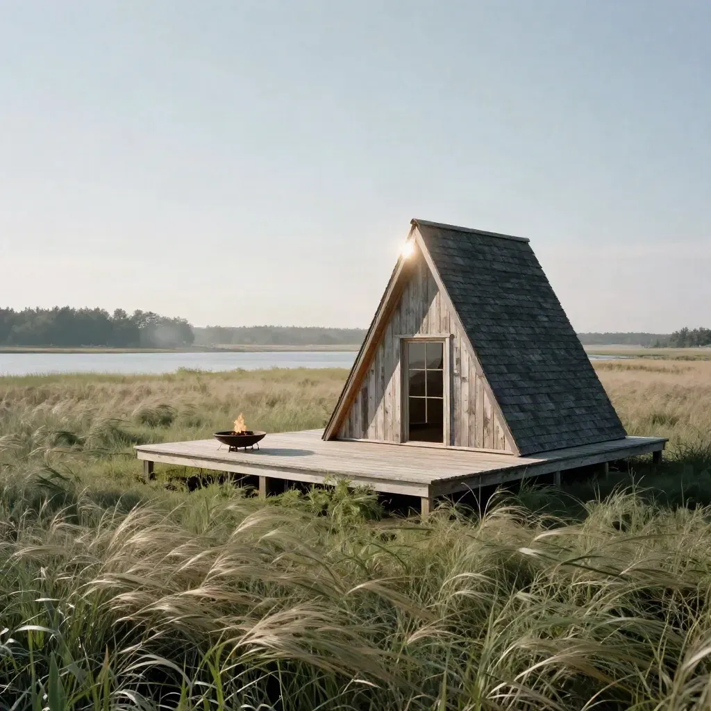 Prairie lake A-frame with pale deck, tall grass, and firepit in bright summer haze.