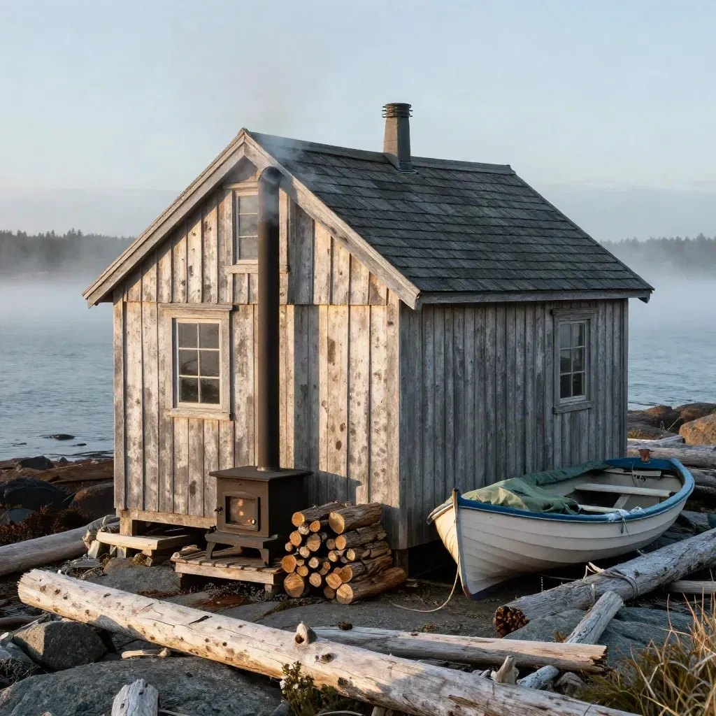 Weathered Cape Breton fishing cabin with stove pipe, logs, and skiff in sea mist at low sun.