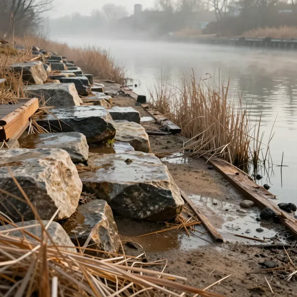 Macro of a terraced canal waterfront lot with reeds, stone and misty waterline.