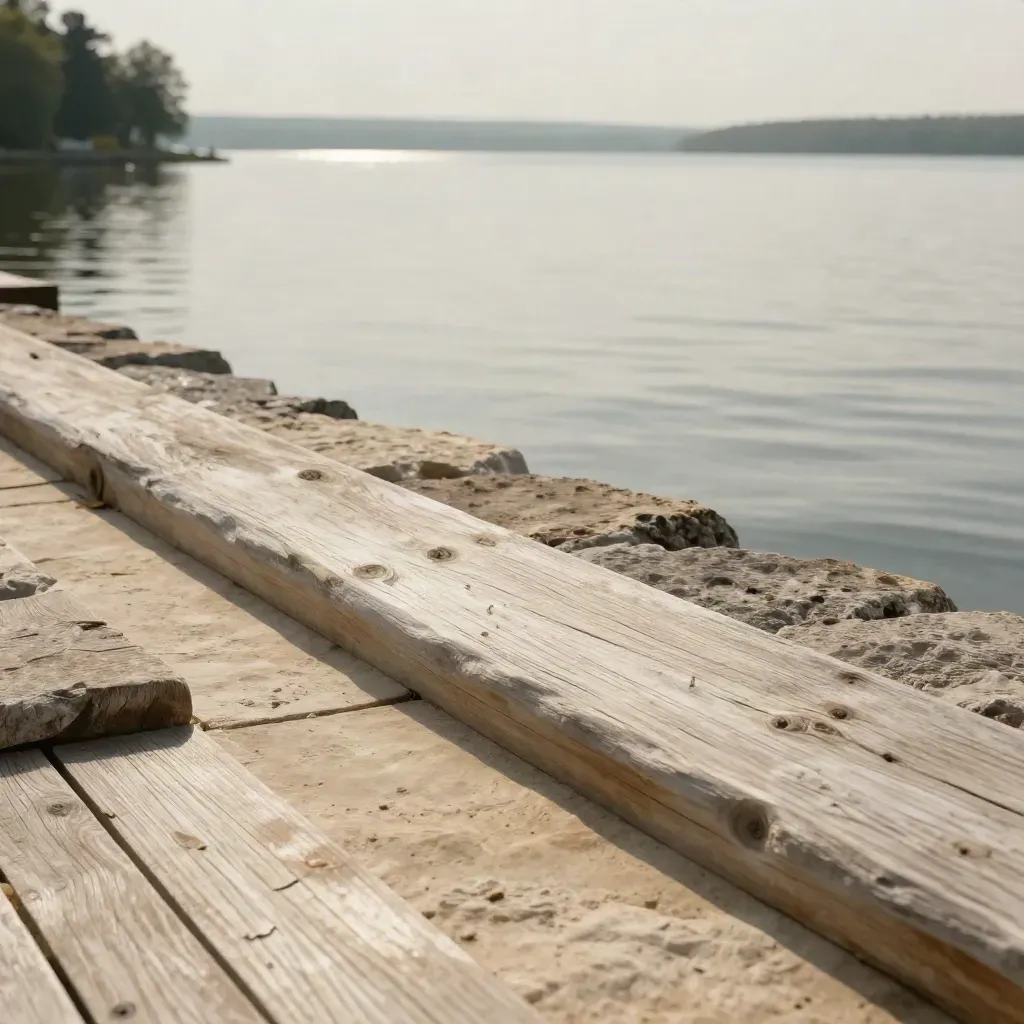 Sunlit limestone ledge by a calm lake with driftwood, linen, and soft horizon light.