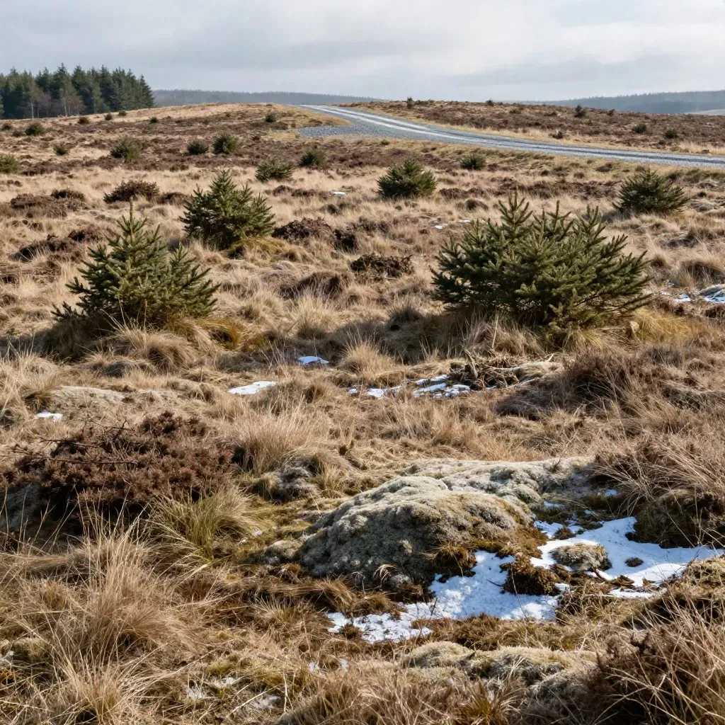 Peat marsh with low spruce and a distant gravel track under shifting cloud shadow.