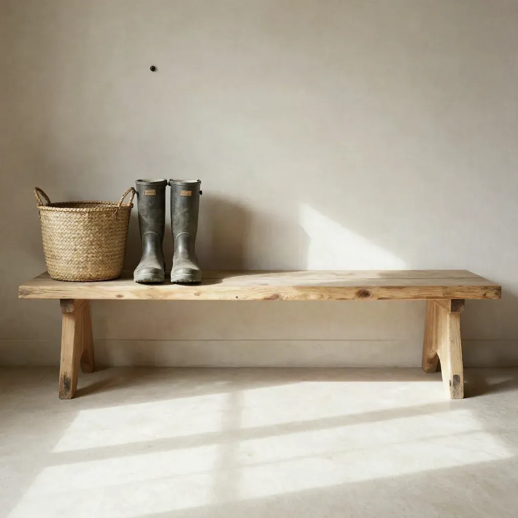 Rustic mudroom with boots, basket, hooks and pine bench in soft late-day light.