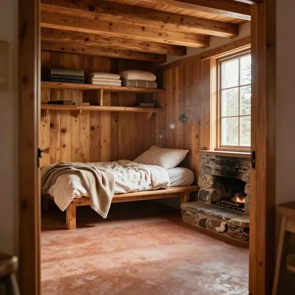 Sunlit pine cabin interior with bed alcove, stone hearth, and calm lower space for copy.