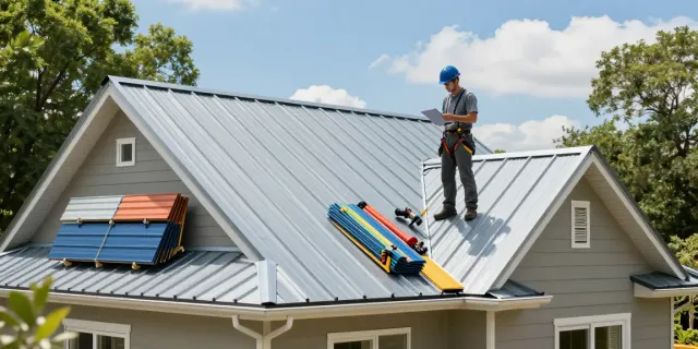 Metal roof replacement process with contractor inspecting the roof in a sunny residential setting.