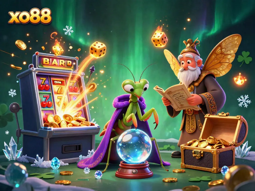 Engage with a magical scene at xo88, featuring a fortune teller and a moth librarian among bursting slot machine rewards and vibrant casino elements.