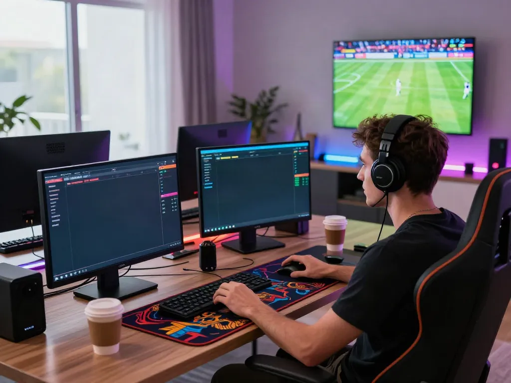 Player engaging with sports streaming on multiple screens at https://nbet.group/ in vibrant gaming setup.