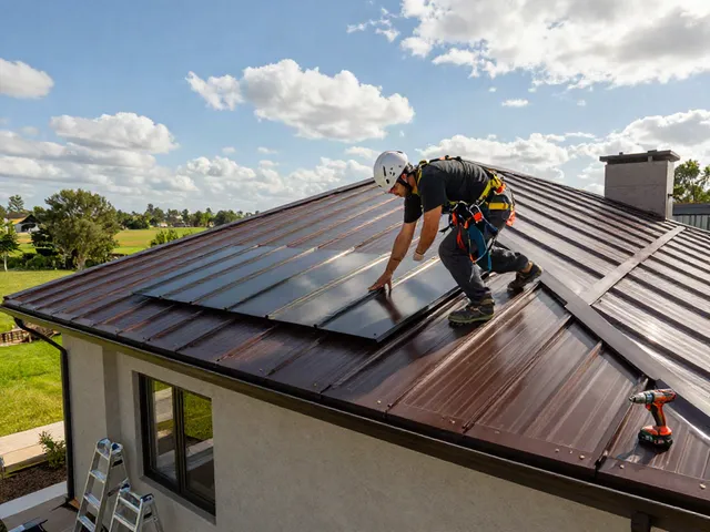 MRoof professional installing durable metal roofing under bright sun.