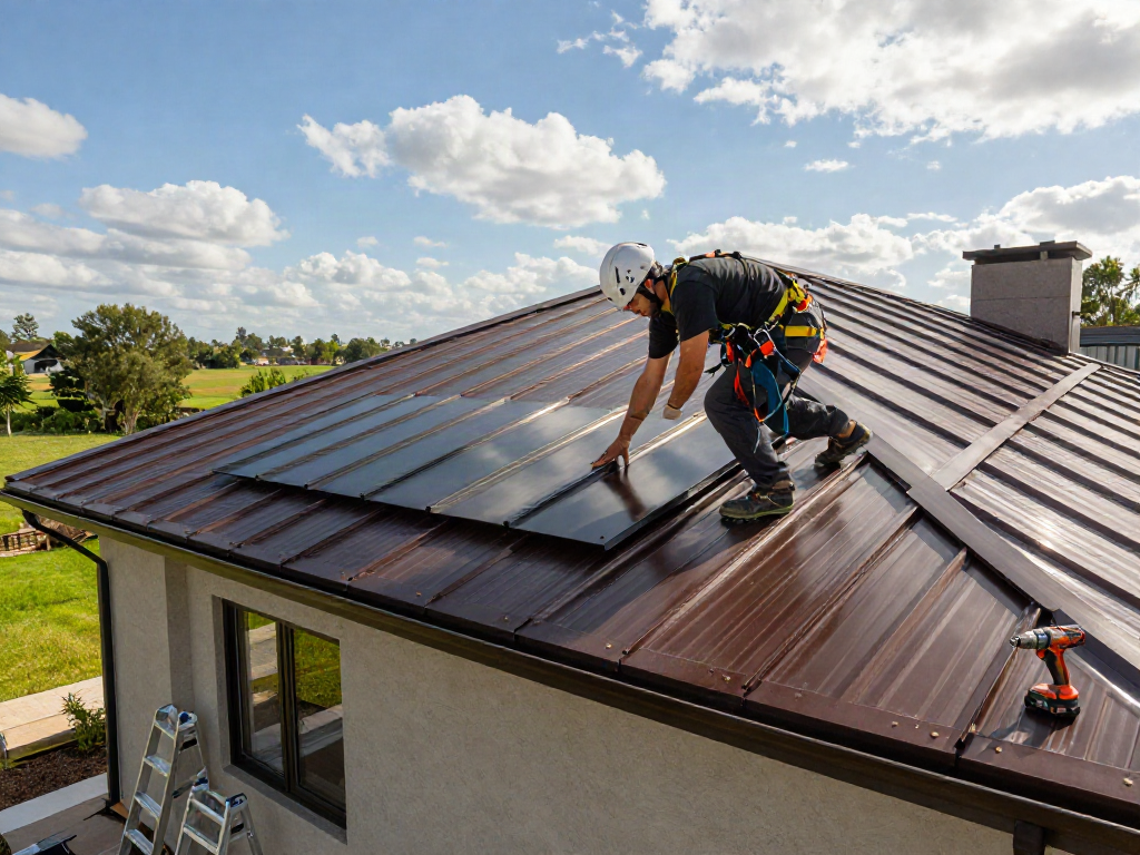 MRoof professional installing durable metal roofing under bright sun.