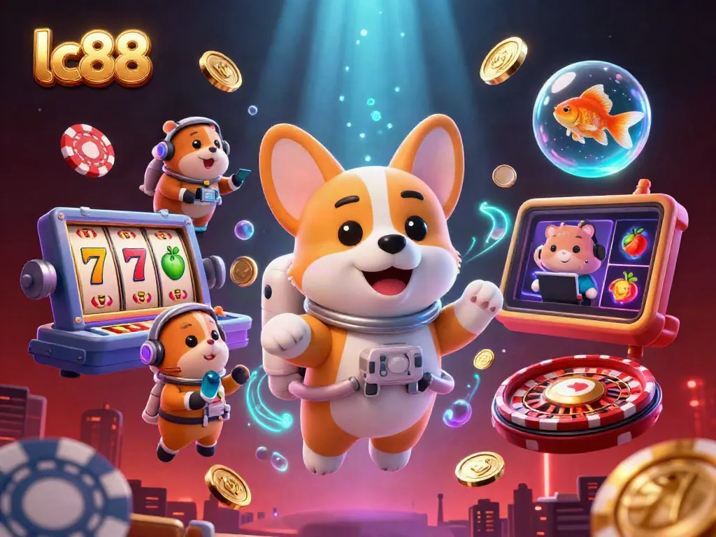 Experience lc88's vibrant casino atmosphere with a floating astronaut corgi and dynamic gambling elements.
