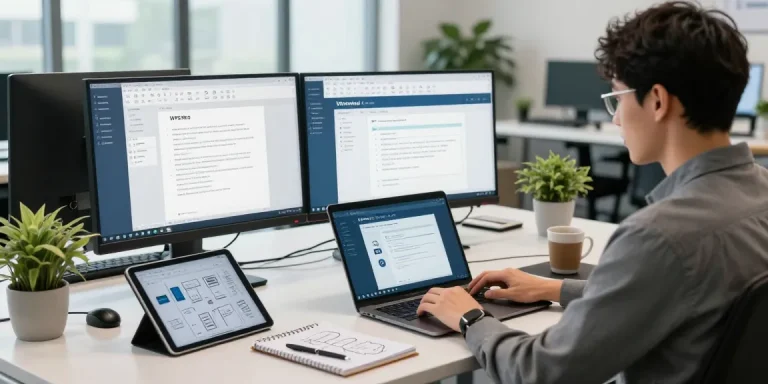 WPS Download in a modern workspace with multiple screens showcasing productivity tools.