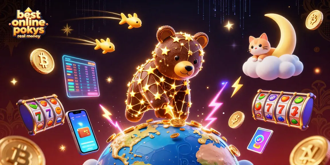 Engaging illustration depicting the best online pokies real money with vibrant elements and crypto icons.